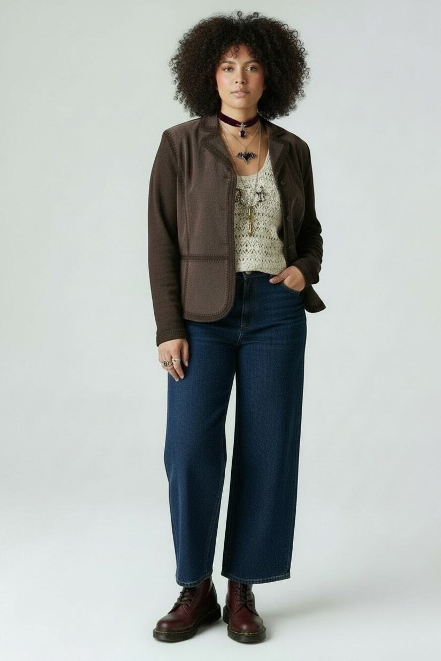 Jones New York Vtg Sz L Dark Brown Mixed Media Panel Blazer Jacket Retro 70s